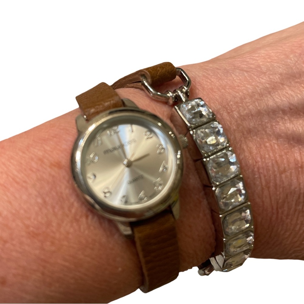 Maurice's Tan Leather & Crystal Wrap Watch - As Is
